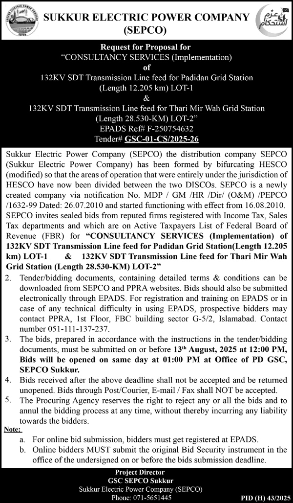 Sukkur Electric Power Company Tender Notice
